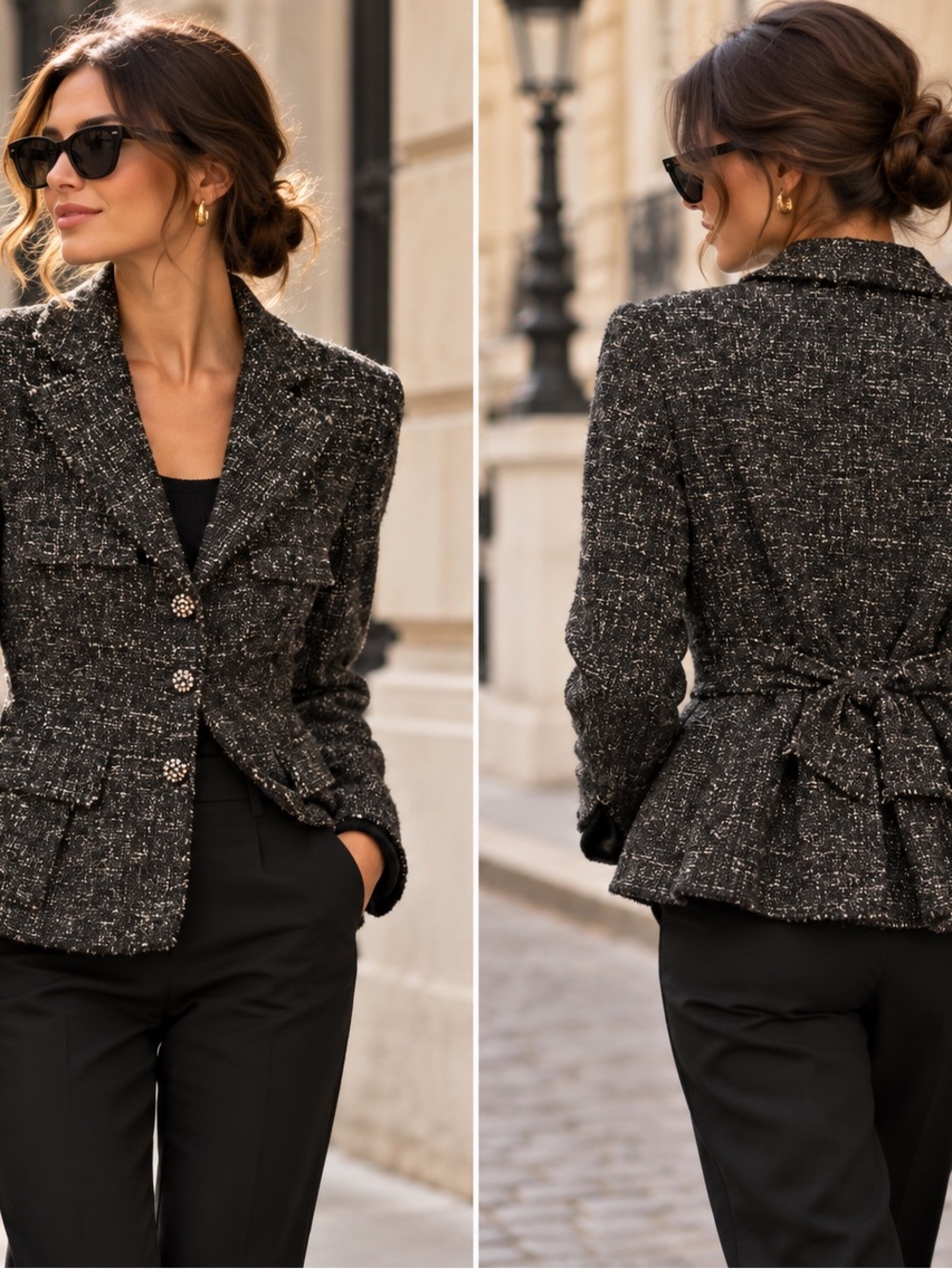 Philosophy di Alberta Ferretti Black Tweed Peplum Blazer with Velvet accents